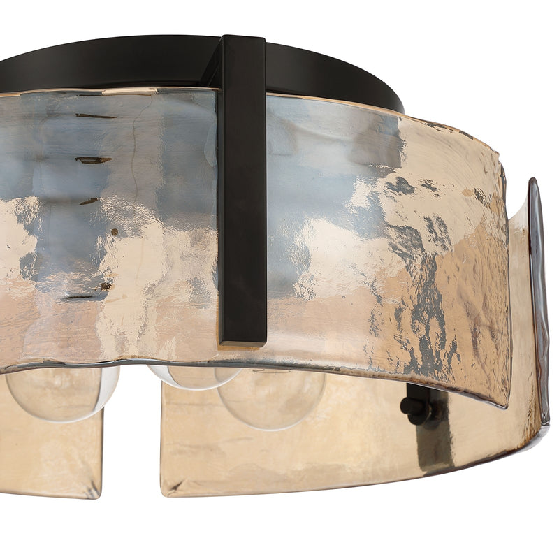 Golden Lighting Aenon 15in 3-Light Flush Mount | Rustic Matte Black and Amber Water Glass | Hallway & Bathroom | Model 3164-FM BLK-AWG
