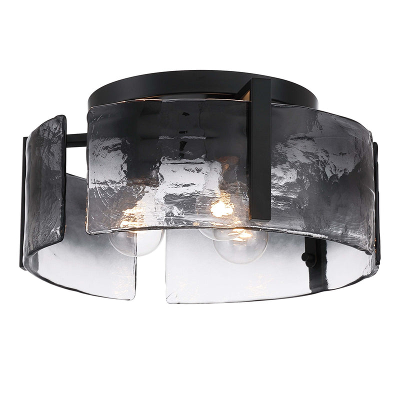 Golden Lighting Aenon 15in 3-Light Flush Mount | Rustic Matte Black and Smoky Water Glass | Hallway & Bathroom | Model 3164-FM BLK-SWG