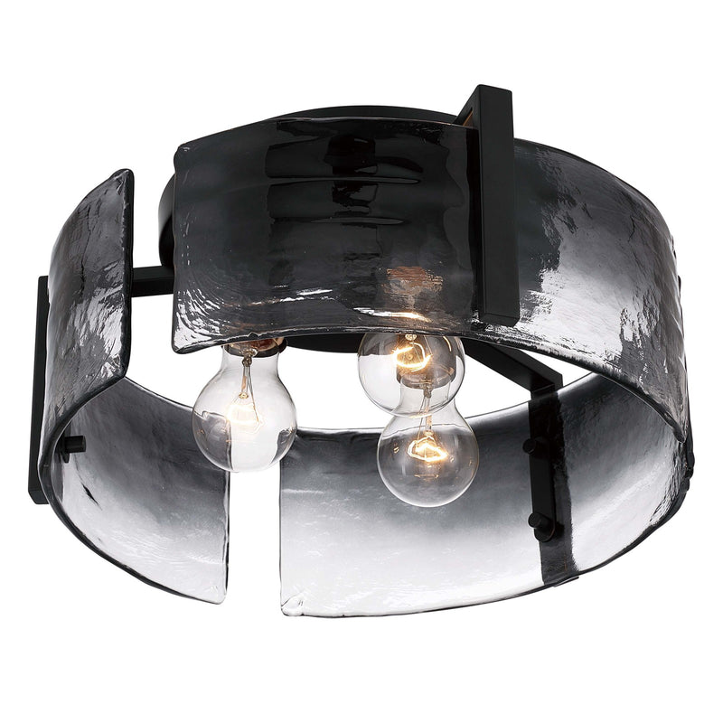 Golden Lighting Aenon 15in 3-Light Flush Mount | Rustic Matte Black and Smoky Water Glass | Hallway & Bathroom | Model 3164-FM BLK-SWG
