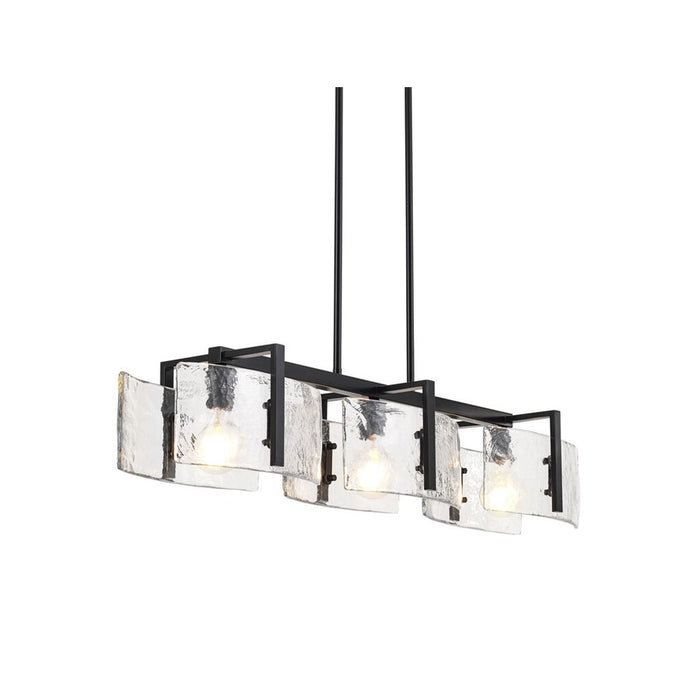 Golden Aenon 3-Light Linear Pendant, Black/Hammered Water Glass - 3164-LPBLK-HWG