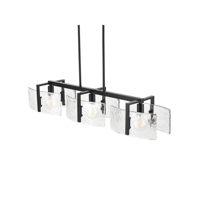 Golden Aenon 3-Light Linear Pendant, Black/Hammered Water Glass