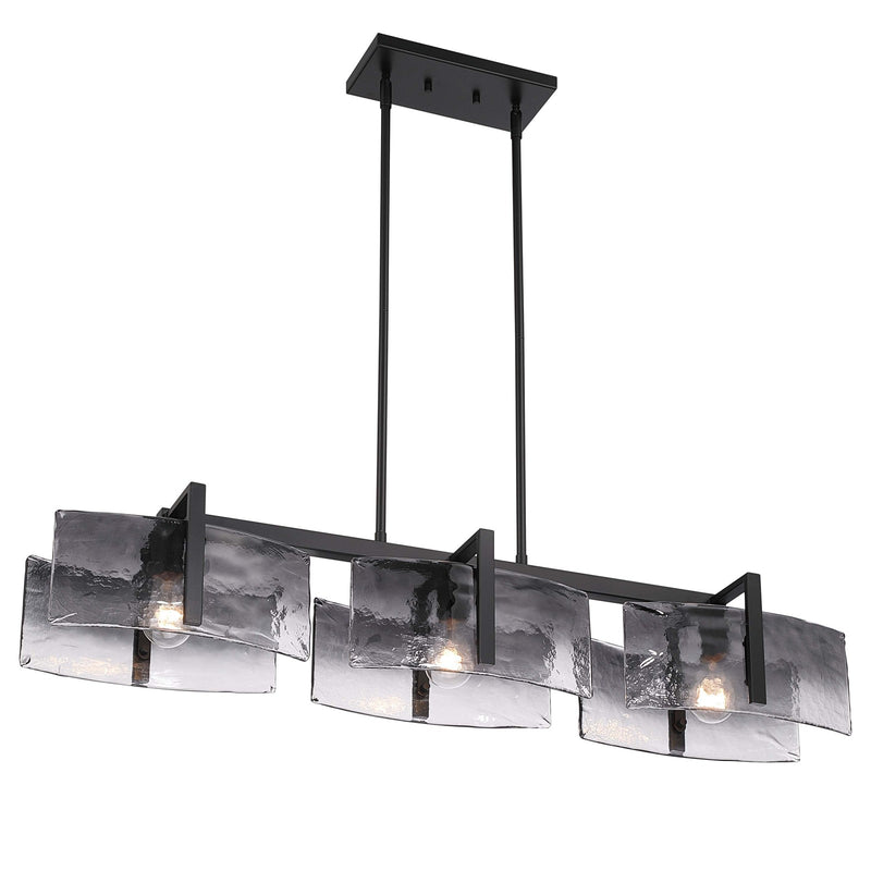 Golden Lighting Aenon 40in 3-Light Island Light | Rustic Matte Black and Smoky Water Glass | Kitchen Island | Model 3164-LP BLK-SWG