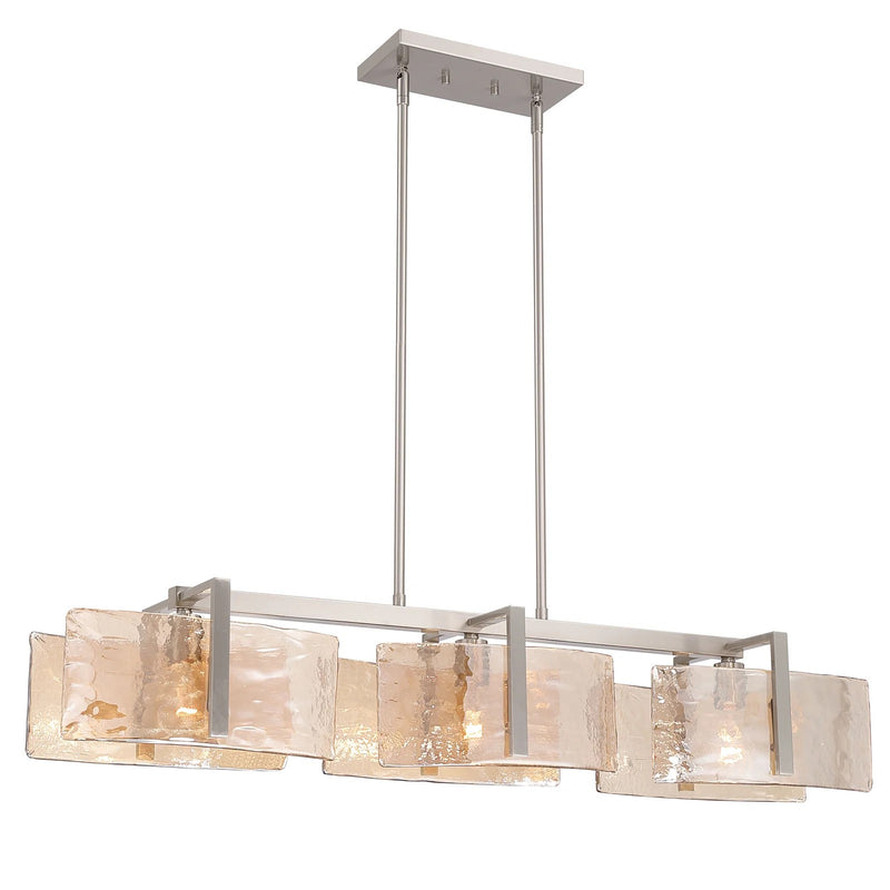 Golden Lighting Aenon 40in 3-Light Island Light | Rustic Pewter and Amber Water Glass | Kitchen Island | 40.5 x 8.88 x 8.13 in | Model 3164-LP PW-AWG