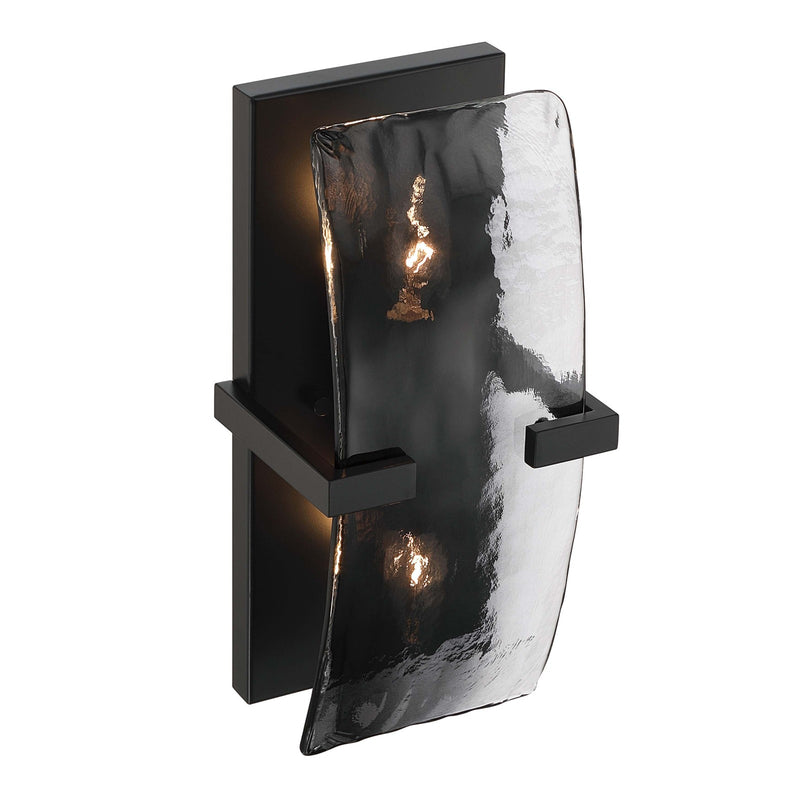 Golden Lighting Aenon 13in 2-Light Wall Sconce | Rustic Lodge Matte Black and Smoky Water Glass | Bathroom & Hallway | Model 3164-WSC BLK-SWG