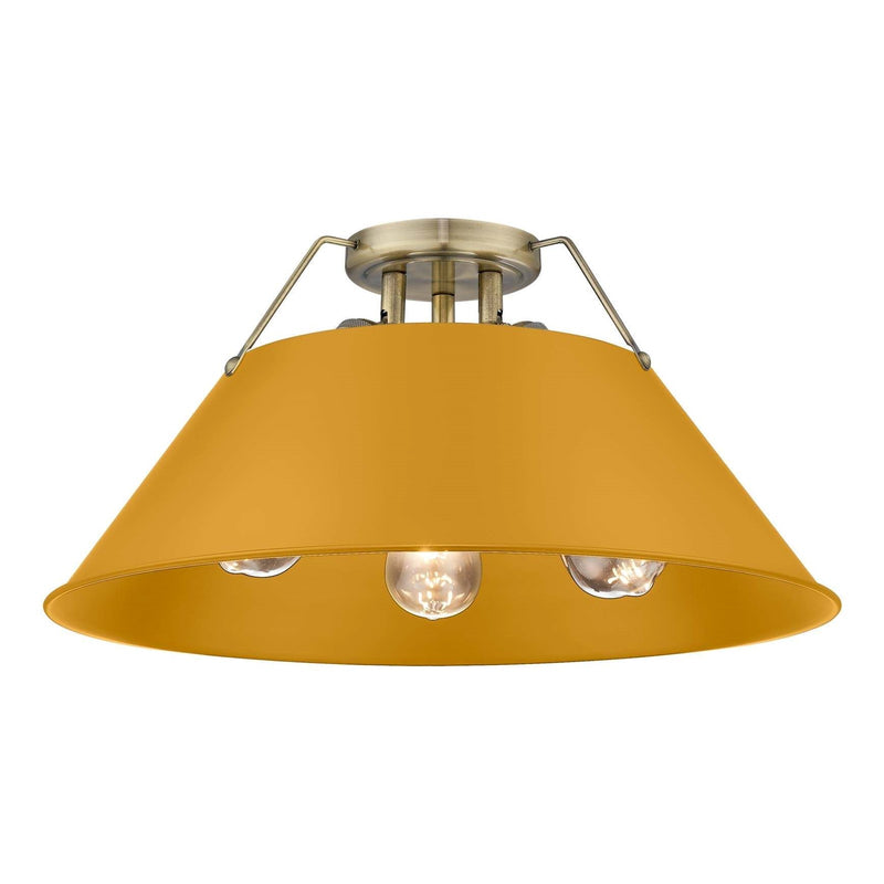 Golden Lighting Orwell 19in 3-Light Flush Mount | Industrial Aged Brass and Auric Yellow Steel | Hallway & Bathroom | Model 3306-3FM AB-AY