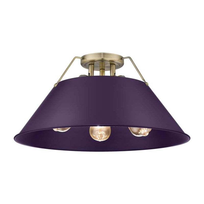 Golden Lighting Orwell 18in 3-Light Flush Mount | Industrial Aged Brass and Exotic Purple Steel | Hallway & Bathroom | Model 3306-3FM AB-EP