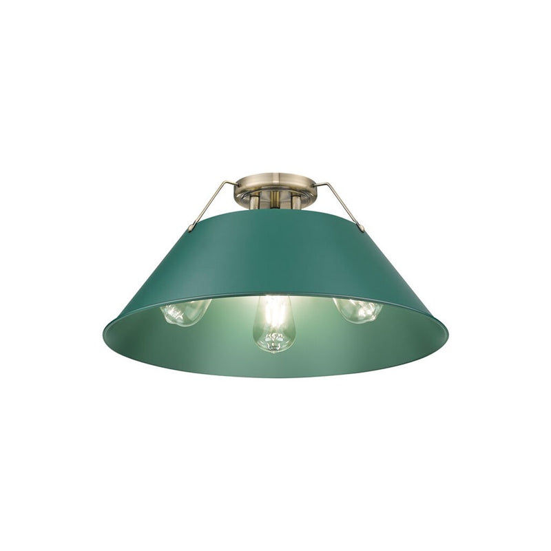 Golden Orwell 3-Light Flush Mount, Aged Brass/Pine Green