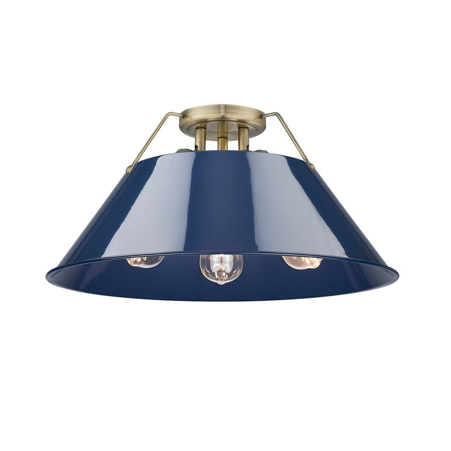Golden Orwell 3-Light Flush Mount, Aged Brass/Matte Navy - 3306-3FMAB-NVY