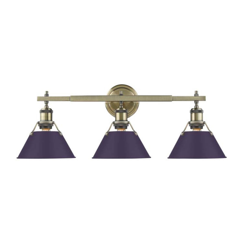 Golden Lighting Orwell 27in 3-Light Vanity Light | Industrial Aged Brass and Exotic Purple Steel | Bathroom Vanity & Powder | Model 3306-BA3 AB-EP