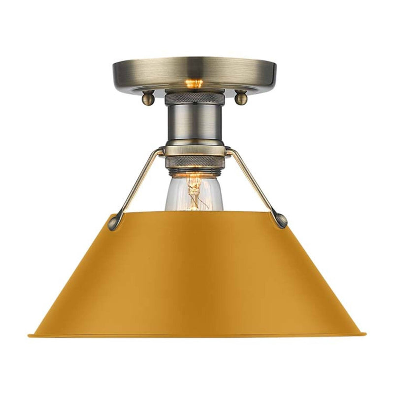 Golden Lighting Orwell 10in 1-Light Flush Mount | Industrial Aged Brass and Auric Yellow Steel | Hallway & Bathroom | Model 3306-FM AB-AY