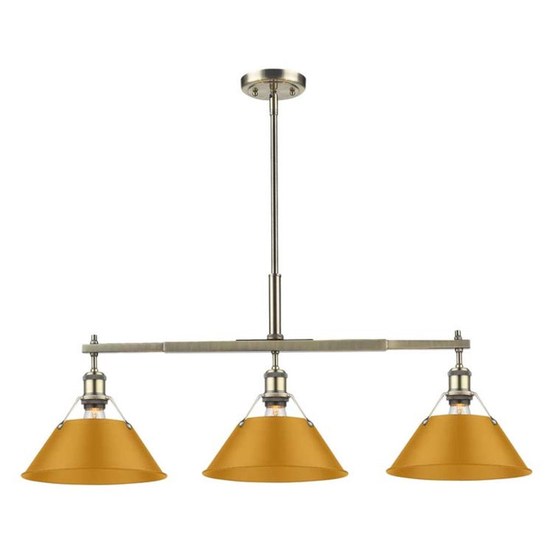 Golden Lighting Orwell 36in 3-Light Island Light | Industrial Aged Brass and Auric Yellow Steel | Kitchen Island & Dining Room | Model 3306-LP AB-AY