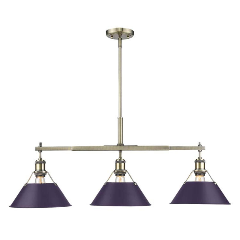 Golden Lighting Orwell 36in 3-Light Island Light | Industrial Aged Brass and Exotic Purple Steel | Kitchen Island | Model 3306-LP AB-EP