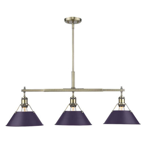 Golden Lighting Orwell 36in 3-Light Island Light | Industrial Aged Brass and Exotic Purple Steel | Kitchen Island | Model 3306-LP AB-EP