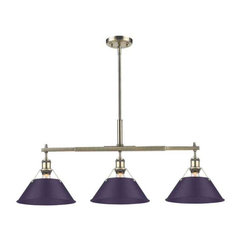 Golden Lighting Orwell 36in 3-Light Island Light | Industrial Aged Brass and Exotic Purple Steel | Kitchen Island | Model 3306-LP AB-EP