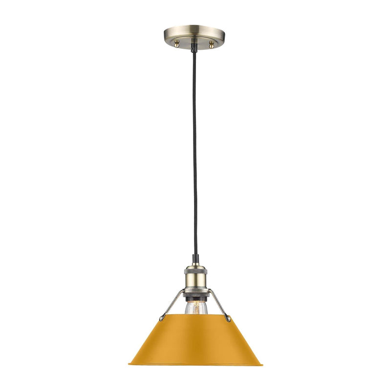 Golden Lighting Orwell 10in 1-Light Pendant | Industrial Aged Brass and Auric Yellow Steel | Kitchen & Dining Room | Model 3306-M AB-AY