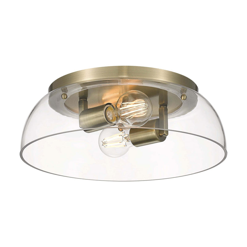 Golden Lighting Duncan 14in 2-Light Flush Mount | Farmhouse Aged Brass and Clear Glass | Hallway & Bathroom | 14 x 14 x 4.25 in | Model 3602-14 AB-CLR