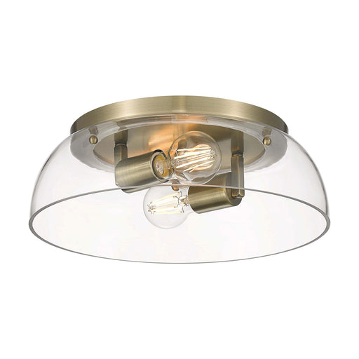 Golden Lighting Duncan 14in 2-Light Flush Mount | Farmhouse Aged Brass and Clear Glass | Hallway & Bathroom | 14 x 14 x 4.25 in | Model 3602-14 AB-CLR