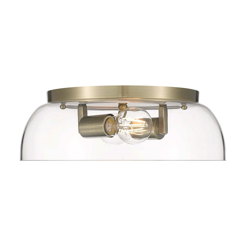 Golden Lighting Duncan 14in 2-Light Flush Mount | Farmhouse Aged Brass and Clear Glass | Hallway & Bathroom | 14 x 14 x 4.25 in | Model 3602-14 AB-CLR