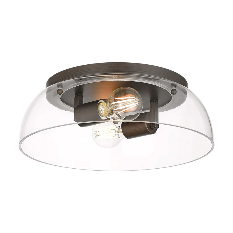 Golden Lighting Duncan 14in 2-Light Flush Mount | Farmhouse Rubbed Bronze and Clear Glass | Hallway & Bathroom | Model 3602-14 RBZ-CLR