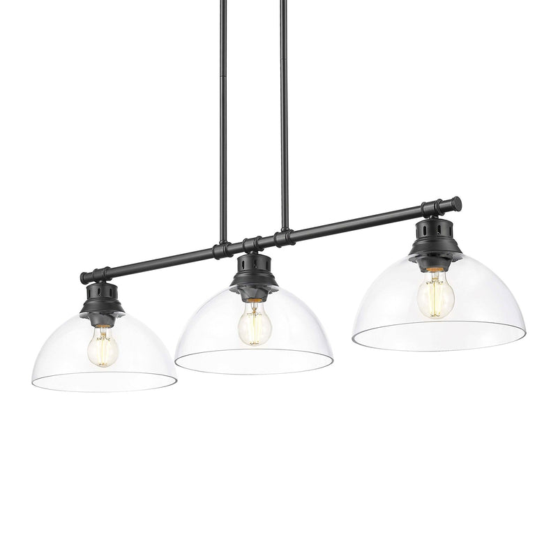 Golden Lighting Duncan 40in 3-Light Island Light | Farmhouse Matte Black and Clear Glass | Kitchen Island & Dining Room | Model 3602-3LP BLK-CLR
