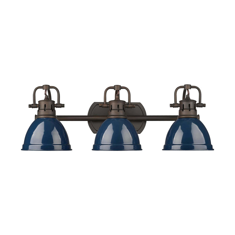 Golden Lighting Duncan 24in 3-Light Vanity Light | Farmhouse Rubbed Bronze and Navy Blue Steel | Bathroom Vanity | Model 3602-BA3 RBZ-NVY