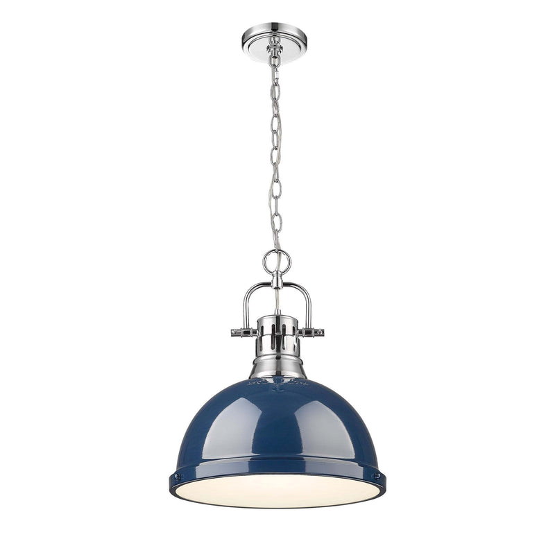 Golden Lighting Duncan 14in 1-Light Chain Pendant | Farmhouse Chrome and Navy Blue Steel | Kitchen & Dining Room | Model 3602-L CH-NVY