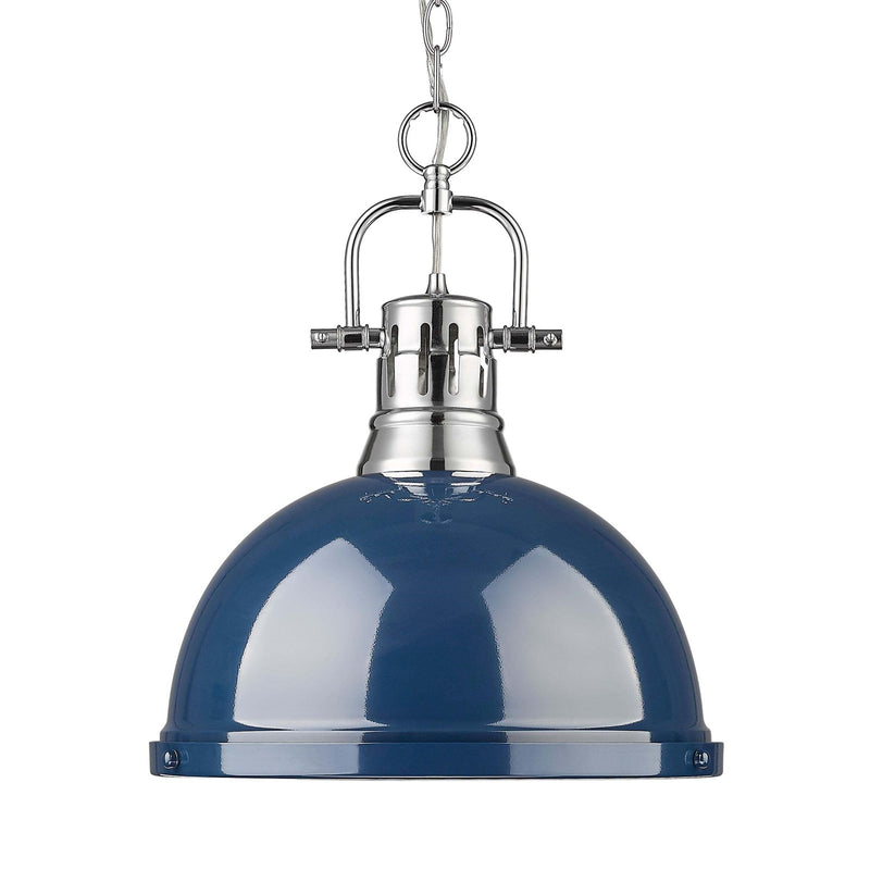Golden Lighting Duncan 14in 1-Light Chain Pendant | Farmhouse Chrome and Navy Blue Steel | Kitchen & Dining Room | Model 3602-L CH-NVY