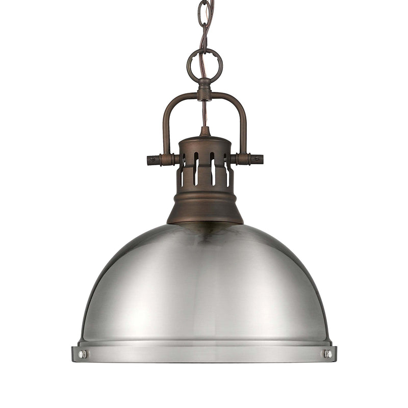 Golden Lighting Duncan 14in 1-Light Pendant | Farmhouse Rubbed Bronze and Pewter Steel | Kitchen Island & Dining Room | Model 3602-L RBZ-PW