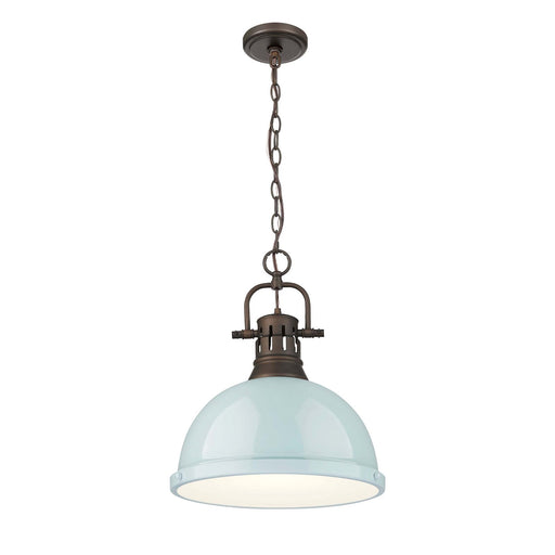 Golden Lighting Duncan 14in 1-Light Pendant | Farmhouse Rubbed Bronze and Seafoam Steel | Kitchen & Dining Room | Model 3602-L RBZ-SF