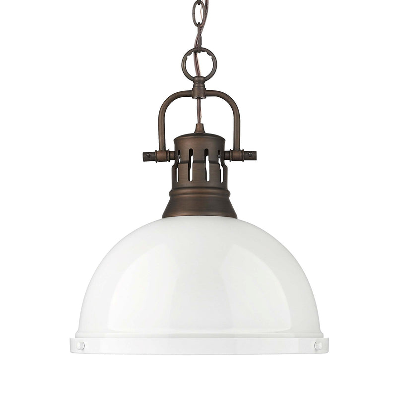 Golden Lighting Duncan 14in 1-Light Chain Pendant | Farmhouse Rubbed Bronze and White Steel | Kitchen Island & Dining Room | Model 3602-L RBZ-WH