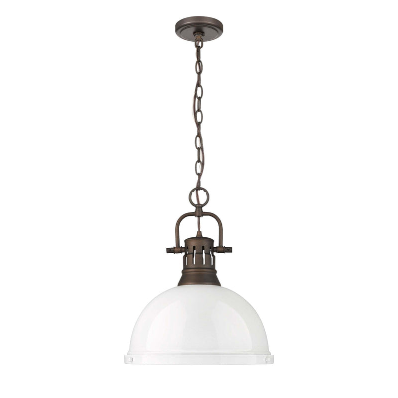 Golden Lighting Duncan 14in 1-Light Chain Pendant | Farmhouse Rubbed Bronze and White Steel | Kitchen Island & Dining Room | Model 3602-L RBZ-WH