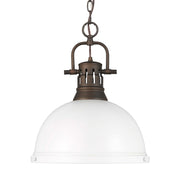 Golden Lighting Duncan 14in 1-Light Pendant | Farmhouse Rubbed Bronze and Matte White Steel | Kitchen & Dining Room | Model 3602-L RBZ-WHT