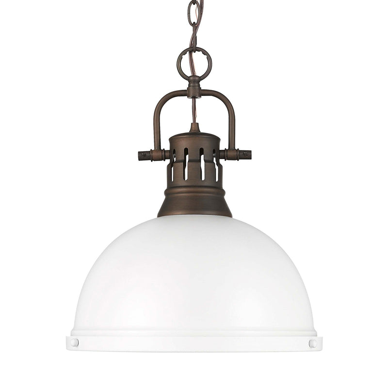 Golden Lighting Duncan 14in 1-Light Pendant | Farmhouse Rubbed Bronze and Matte White Steel | Kitchen & Dining Room | Model 3602-L RBZ-WHT