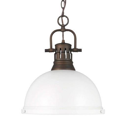 Golden Lighting Duncan 14in 1-Light Pendant | Farmhouse Rubbed Bronze and Matte White Steel | Kitchen & Dining Room | Model 3602-L RBZ-WHT