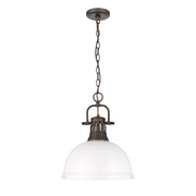 Golden Lighting Duncan 14in 1-Light Pendant | Farmhouse Rubbed Bronze and Matte White Steel | Kitchen & Dining Room | Model 3602-L RBZ-WHT