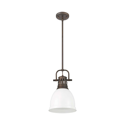 Golden Lighting Duncan 9in 1-Light Rod Pendant | Country Farmhouse Rubbed Bronze and Matte White Steel | Kitchen & Dining Room | Model 3604-S RBZ-WHT