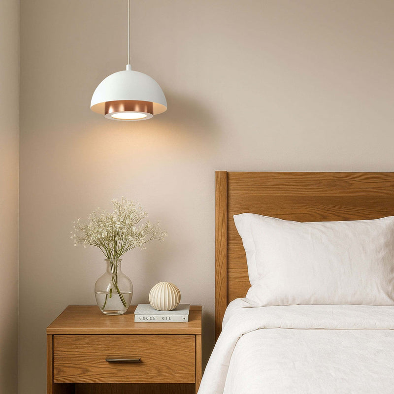 Golden Lighting Solsken 12in 1-Light LED Pendant | Modern Sand White and Aged Copper Steel | Kitchen Island & Dining Room | Model 3632-12 SNW-ACR