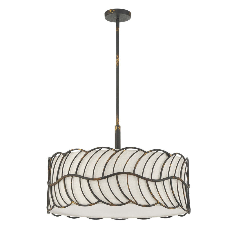 Golden Lighting Simbolo 24in 5-Light Pendant | Rustic Lodge Antique Black Iron and Ivory Linen | Kitchen Island & Dining Room | Model 4501-5P ABI