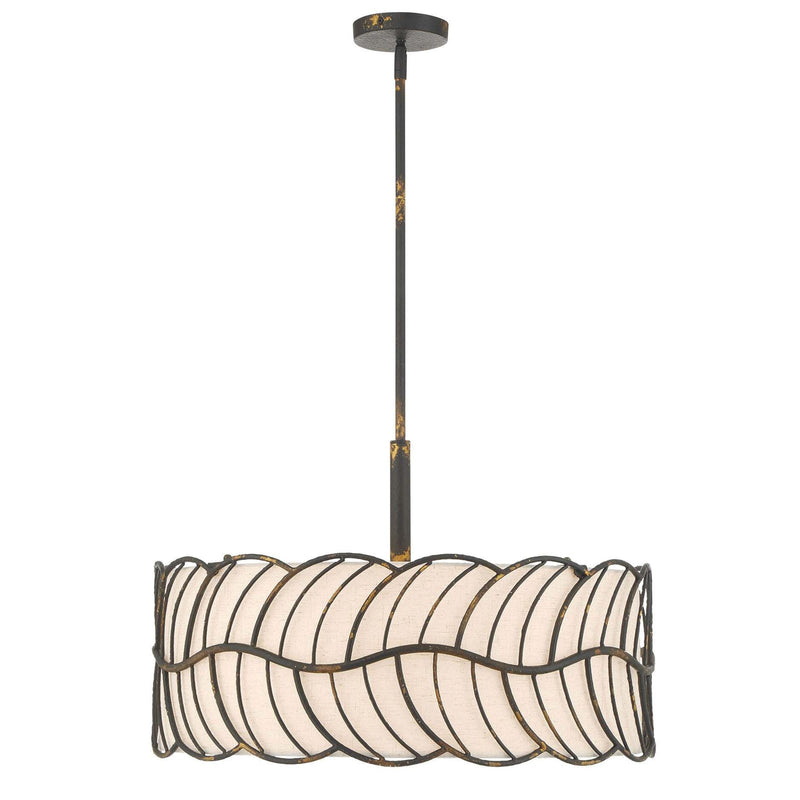 Golden Lighting Simbolo 24in 5-Light Pendant | Rustic Lodge Antique Black Iron and Ivory Linen | Kitchen Island & Dining Room | Model 4501-5P ABI