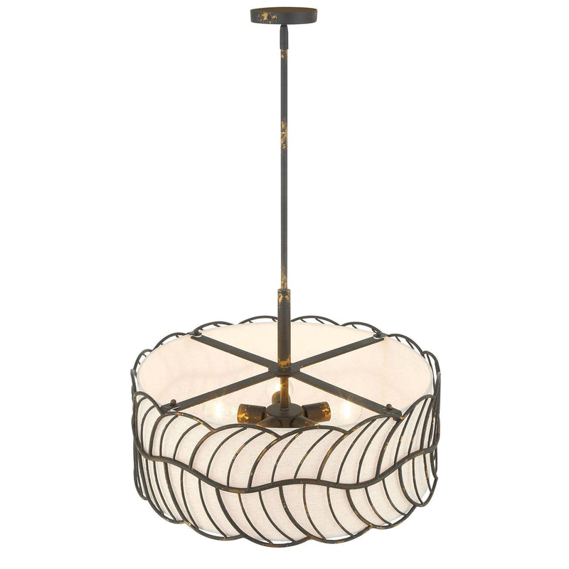 Golden Lighting Simbolo 24in 5-Light Pendant | Rustic Lodge Antique Black Iron and Ivory Linen | Kitchen Island & Dining Room | Model 4501-5P ABI