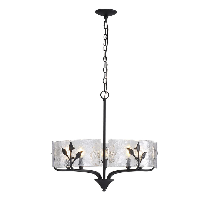 Golden Lighting Bloem 24in 5-Light Pendant | Rustic Natural Black and Hammered Water Glass | Kitchen Island & Dining Room | Model 4503-5P NB-HWG