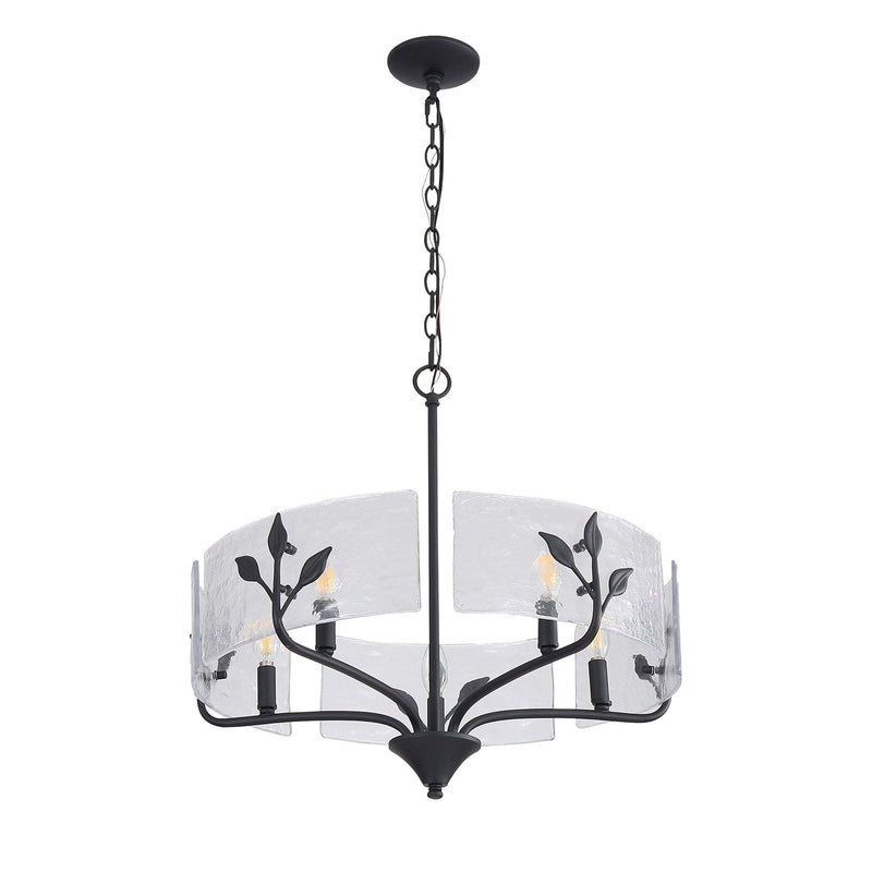 Golden Lighting Bloem 24in 5-Light Pendant | Rustic Natural Black and Hammered Water Glass | Kitchen Island & Dining Room | Model 4503-5P NB-HWG