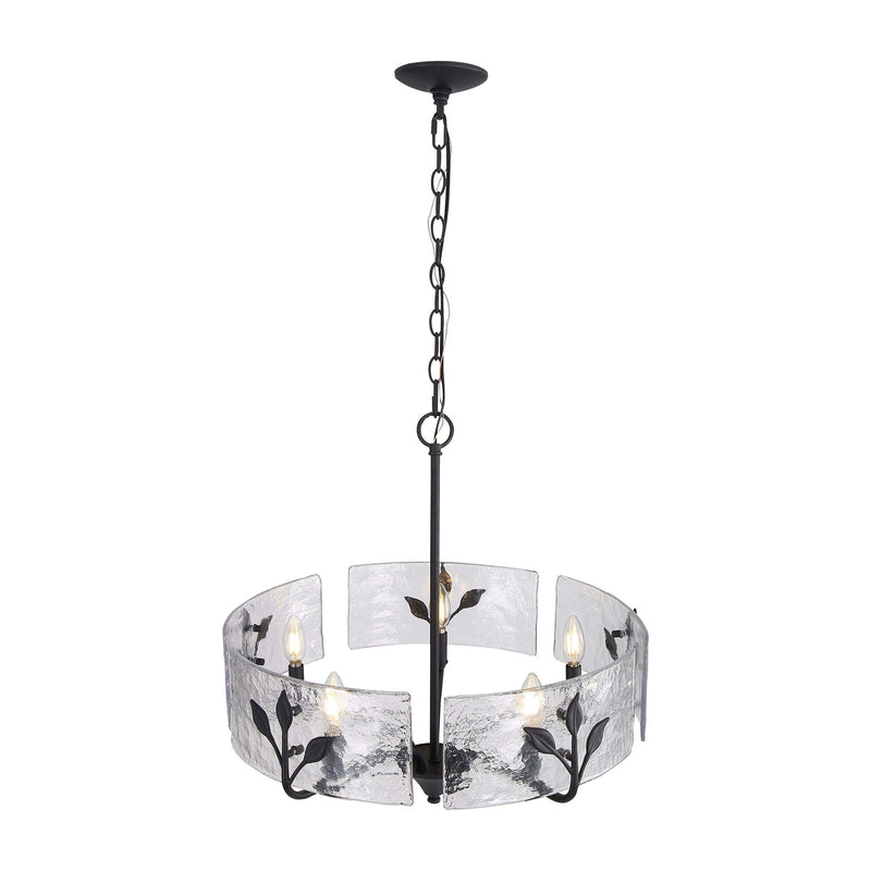 Golden Lighting Bloem 24in 5-Light Pendant | Rustic Natural Black and Hammered Water Glass | Kitchen Island & Dining Room | Model 4503-5P NB-HWG