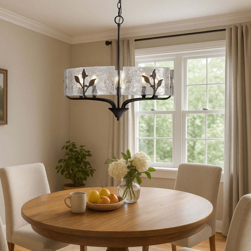 Golden Lighting Bloem 24in 5-Light Pendant | Rustic Natural Black and Hammered Water Glass | Kitchen Island & Dining Room | Model 4503-5P NB-HWG