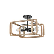Golden Camden 4-Lt Semi-Flush, Matte Black/Natural Raphia Rope - 6085-SFBLK-NR