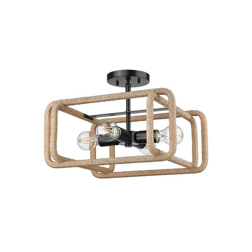 Golden Camden 4-Lt Semi-Flush, Matte Black/Natural Raphia Rope - 6085-SFBLK-NR