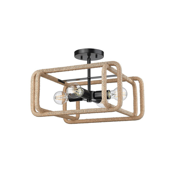 Golden Camden 4-Lt Semi-Flush, Matte Black/Natural Raphia Rope - 6085-SFBLK-NR
