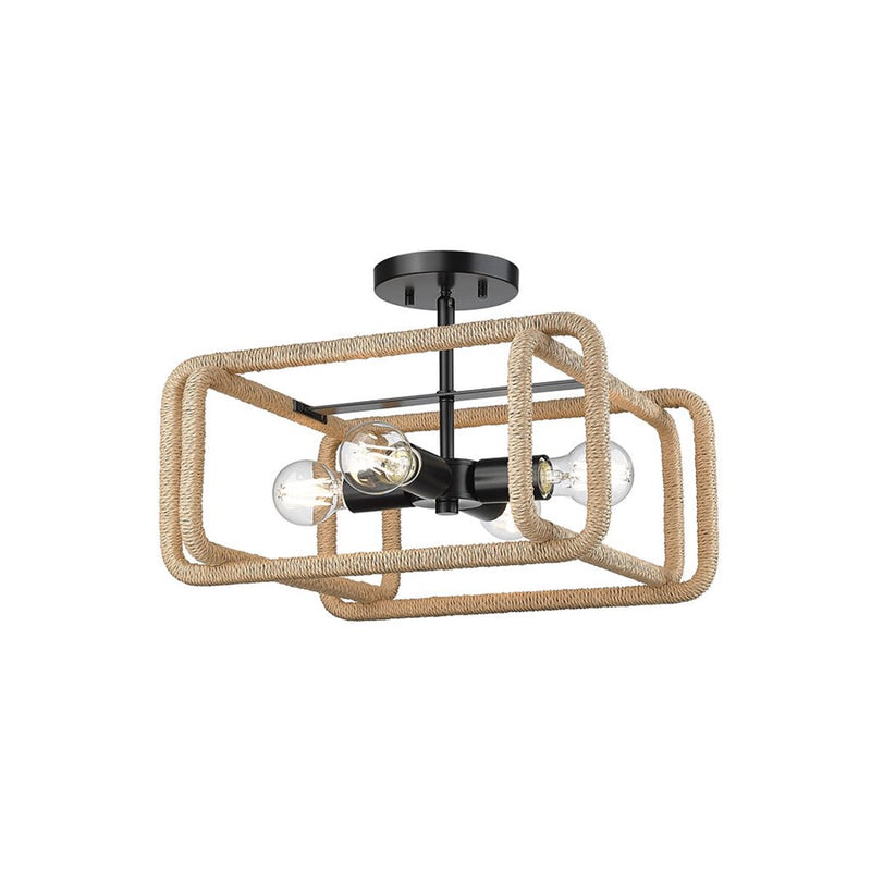 Golden Camden 4-Lt Semi-Flush, Matte Black/Natural Raphia Rope