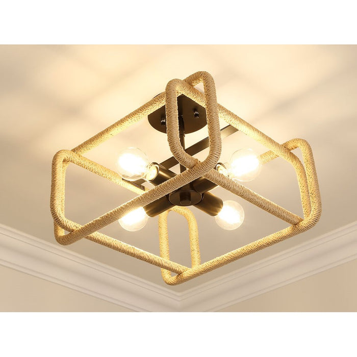 Golden Camden 4-Lt Semi-Flush, Matte Black/Natural Raphia Rope