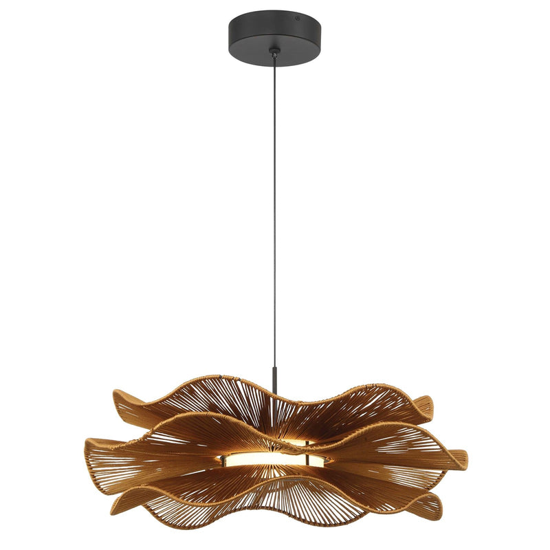 Golden Lighting Whisper 24in LED Pendant | Bohemian Latte Rope and Steel | Kitchen Island & Dining Room | 23.63 x 23.63 x 8.5 in | Model 6300-24 LAT